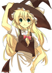 Rule 34 | 1girl, apron, bad id, bad pixiv id, blonde hair, braid, female focus, green eyes, hair ribbon, hand on headwear, hand on own hip, hat, hip focus, kirisame marisa, kyoumo baito, long hair, looking up, ribbon, side braid, simple background, sketch, smile, solo, touhou, waist apron, witch, witch hat