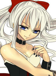Rule 34 | 1girl, achiba, aged down, bare shoulders, belt, black nails, blue eyes, breasts, cleavage, collar, collarbone, cuffs, eyelashes, fairy tail, hair ribbon, long hair, mirajane strauss, nail polish, naughty face, ponytail, ribbon, simple background, sleeveless, solo, white hair