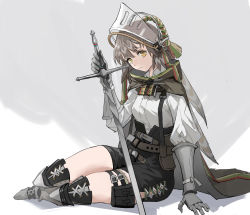 Rule 34 | 1girl, absurdres, arknights, armored boots, black cape, black shorts, boots, bra, breasts, brown hair, cape, fartooth (arknights), feather hair, gauntlets, grey bra, high-waist shorts, highres, long hair, looking at viewer, shirt, shirt tucked in, shorts, simple background, small breasts, solo, sword, thighs, underwear, visor (armor), visor lift, weapon, white shirt, xiaomai yorik, yellow eyes