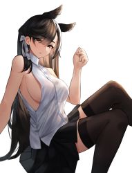 Rule 34 | 1girl, absurdres, animal ears, atago (azur lane), azur lane, black hair, black skirt, black thighhighs, breasts, brown eyes, casual, commentary, covered erect nipples, dog ears, earrings, extra ears, from side, hair ribbon, head tilt, highres, huge filesize, jewelry, large breasts, legs together, long hair, looking at viewer, lordol, mole, mole under eye, no bra, ribbon, see-through silhouette, shirt, sideboob, simple background, sitting, skirt, sleeveless, sleeveless shirt, solo, swept bangs, thighhighs, white background, white ribbon