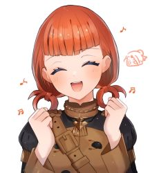 Rule 34 | 1girl, annette fantine dominic, closed eyes, fire emblem, fire emblem: three houses, garreg mach monastery uniform, highres, long sleeves, nintendo, open mouth, orange hair, simple background, siso220, solo, twintails, uniform, upper body, white background