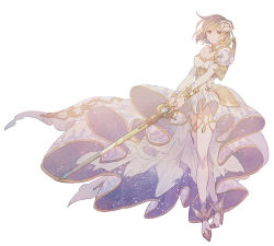 Rule 34 | 1girl, a082, armor, blonde hair, bracelet, breasts, brown eyes, cleavage, djeeta (granblue fantasy), dress, flower, glorybringer (granblue fantasy), granblue fantasy, hair flower, hair ornament, high heels, jewelry, knights of glory, long sleeves, looking at viewer, shoulder armor, simple background, solo, sword, thighhighs, weapon, white dress, white thighhighs