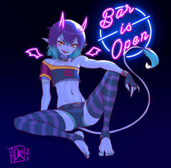 Rule 34 | 1other, aida de ridder, androgynous, aqua hair, aqua nails, belt, black background, black hair, blue skin, blush, bulge, choker, colored skin, crop top, demon, fingerless gloves, gloves, glowing, hair between eyes, highres, indie virtual youtuber, knee up, licking lips, looking at viewer, midriff, mimcubus, multicolored hair, nail polish, navel, off-shoulder shirt, off shoulder, parted lips, pointy ears, red eyes, second-party source, shadow, shirt, smile, striped clothes, striped thighhighs, thighhighs, toeless legwear, tongue, tongue out, two-tone hair, virtual youtuber, yellow eyes