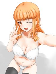 Rule 34 | 1girl, bikini, black thighhighs, blunt bangs, breasts, cleavage, commentary, english commentary, girls und panzer, gomi ningen (81848656), halterneck, highres, large breasts, long hair, looking at viewer, navel, one eye closed, open mouth, orange eyes, orange hair, selfie, sitting, smile, solo, swimsuit, takebe saori, thighhighs, w, white background, white bikini