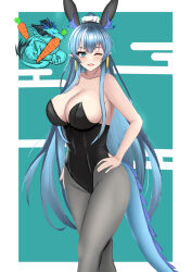 Rule 34 | 1girl, arknights, black leotard, blue hair, dragon tail, highres, horns, leotard, ling (arknights), one eye closed, playboy bunny, pointy ears, tail, wink
