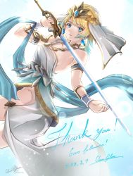 Rule 34 | 1girl, absurdres, alternate costume, aqua hair, armband, blonde hair, blue eyes, blue shawl, clear glass (mildmild1311), cowboy shot, dancer, dancer (fire emblem: three houses), dated, earrings, fire emblem, fire emblem heroes, fjorm (fire emblem), gold trim, highres, holding, holding sword, holding weapon, jewelry, looking at viewer, medium hair, multicolored hair, nintendo, shawl, signature, solo, sword, tiara, watermark, weapon, wrist cuffs