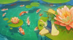 Rule 34 | 1girl, absurdres, blonde hair, blue eyes, blue skirt, blue vest, blush, bug, butterfly, commentary, feet out of frame, fish, flower, frog, hair between eyes, hair ribbon, hat, highres, insect, koi, lily pad, long sleeves, looking at animal, medium hair, mini person, minigirl, moriya suwako, orange butterfly, parted lips, pink flower, procy ocy, red ribbon, ribbon, ribbon-trimmed skirt, ribbon-trimmed sleeves, ribbon trim, skirt, skirt set, solo, touhou, vest, water lily flower, wide sleeves, yellow hat