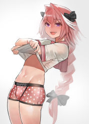 Rule 34 | 1boy, absurdres, astolfo (fate), astolfo (sailor paladin) (fate), black bow, blush, bow, boxer briefs, braid, bulge, clothes lift, commentary request, cowboy shot, crossed arms, fang, fate/apocrypha, fate/grand order, fate (series), grey background, hair intakes, hair ribbon, highres, legs together, lifted by self, long hair, looking at viewer, male focus, male underwear, multicolored hair, navel, no pants, official alternate costume, open mouth, pink hair, polka dot, purple eyes, ribbon, school uniform, serafuku, shirt lift, short sleeves, simple background, single braid, smile, solo, standing, streaked hair, trap, underwear, undressing, very long hair, white hair, yomu (sgt epper)