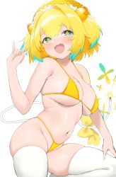 Rule 34 | 1girl, bikini, blonde hair, blue hair, blush, bombergirl, breasts, commentary request, fangs, hair intakes, hair ornament, highres, large breasts, looking at viewer, multicolored hair, navel, nekoshoko, open mouth, pine (bombergirl), short hair, simple background, skindentation, solo, swimsuit, thighhighs, two-tone hair, white background, white thighhighs, yellow bikini