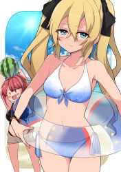 Rule 34 | 2girls, :/, :d, amai nekuta, antenna hair, assault lily, ball, bare arms, bare shoulders, beachball, bikini, bikini under clothes, black bikini, black bow, blonde hair, blue bikini, blue eyes, blue sky, blush, border, bow, bracelet, breasts, brown shorts, cleavage, closed mouth, collarbone, day, front-tie bikini top, front-tie top, gradient bikini, gradient clothes, hair between eyes, hair bow, halterneck, highres, holding, holding ball, holding swim ring, innertube, jewelry, looking at viewer, medium breasts, multiple girls, navel, ocean, open mouth, outside border, panty straps, ponytail, red hair, rounded corners, short hair, shorts, side-tie bikini bottom, sky, smile, solid oval eyes, standing, stomach, sun, sweatdrop, swim ring, swimsuit, taneda seina, transparent, twintails, watermelon beachball, white border, yumeno kanon