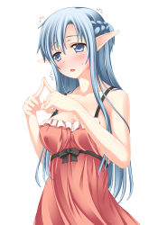 Rule 34 | 10s, 1girl, :o, alternate eye color, alternate hair color, asuna (sao), asuna (sao-alo), bare shoulders, blue eyes, blue hair, blush, collarbone, dress, elf, fingers together, flying sweatdrops, index fingers together, long hair, matching hair/eyes, pointy ears, simple background, solo, sweatdrop, sword art online, umitsubame, white background