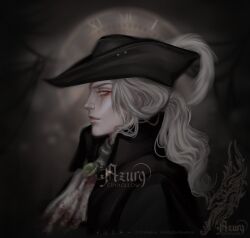 Rule 34 | 1girl, artist name, ascot, azur (cryhollow), blood, blood on clothes, blood stain, bloodborne, coat, gem, green gemstone, hat, hat feather, highres, lady maria of the astral clocktower, long hair, looking to the side, ponytail, signature, simple background, solo, tricorne, watermark, white eyes, white hair