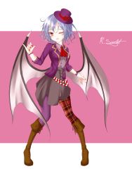 Rule 34 | alternate costume, asymmetrical legwear, boots, center frills, character name, cross-laced footwear, dai zu san, fingernails, frills, full body, hat, highres, lace-up boots, legs apart, mismatched legwear, pantyhose, pink background, purple hat, remilia scarlet, sharp fingernails, solo, standing, tagme, touhou