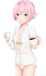 Rule 34 | 10s, 1girl, bad id, bad pixiv id, blue eyes, blush, bra, breasts, cleavage, coffee, coffee cup, collarbone, commentary request, cowboy shot, cup, disposable cup, drink, frilled bra, frills, green bra, green panties, highres, holding, holding cup, kantai collection, long sleeves, looking at viewer, niko (aiai03012), no pants, panties, partially unbuttoned, pink hair, ponytail, see-through, shiranui (kancolle), short hair, short ponytail, simple background, small breasts, solo, standing, tareme, underwear, white background