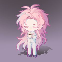 Rule 34 | 1boy, antenna hair, chibi, chinese commentary, closed eyes, closed mouth, colored eyelashes, cup, dot nose, full body, gradient background, grey footwear, hair intakes, hatsutori hajime, highres, holding, holding cup, long hair, long sleeves, mug, pants, pink hair, qingfengwai, saibou shinkyoku, shadow, shirt, smile, solo, standing, steam, very long hair, white pants, white shirt