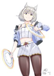 Rule 34 | 1girl, animal ears, black pantyhose, breasts, cat ears, chakram, chest jewel, highres, jacket, leggings, mio (xenoblade), pantyhose, red ribbon, ribbon, rinco nm, skirt, small breasts, solo, tank top, weapon, white hair, white jacket, white skirt, white tank top, xenoblade chronicles (series), xenoblade chronicles 3, yellow eyes
