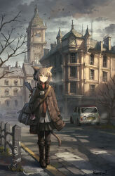 Rule 34 | 1girl, absurdres, animal ears, austin mini, bag, bare tree, black gloves, black pantyhose, black skirt, brown coat, brown footwear, brown hair, building, car, cat ears, cat girl, cat tail, coat, cup, disposable cup, european architecture, gloves, green eyes, grey sky, highres, mini cooper, motor vehicle, open clothes, open coat, original, pantyhose, ram-a, red scarf, road, rolled up paper, scarf, scenery, shirt, short hair, shoulder bag, skirt, sky, tail, tree, white shirt