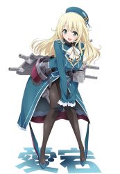 Rule 34 | 10s, 1girl, :d, atago (kancolle), blonde hair, breasts, frontier child, gloves, green eyes, hands on own knees, hat, kantai collection, large breasts, leaning forward, long hair, looking at viewer, machinery, open mouth, pantyhose, ribbon, smile, solo, turret, watanabe yoshihiro