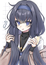 Rule 34 | 1girl, absurdres, blue archive, blue hairband, blush, flying sweatdrops, grey hair, grid, grid background, hair between eyes, hairband, hand in own hair, highres, jewelry, long hair, necklace, parted lips, purple eyes, sentouryoku 5, sleeves past wrists, smile, solo, sweat, sweatdrop, turtleneck, ui (blue archive), upper body, very long hair