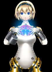 Rule 34 | 1girl, aegis (persona), android, atlus, blonde hair, blue eyes, bug, butterfly, glowing, insect, joints, ouma tokiichi, persona, persona 3, ribbon, robot, robot joints, short hair, simple background, solo