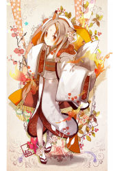 Rule 34 | 1girl, animal ears, black footwear, branch, commentary request, fingernails, fire, flower, fox ears, fox girl, fox tail, full body, hair flower, hair ornament, highres, hood, hood up, japanese clothes, kimono, long sleeves, nail polish, obi, original, red flower, red nails, sandals, sash, sleeves past wrists, socks, solo, standing, standing on one leg, tail, white flower, white kimono, white socks, wide sleeves, yuzuyomogi, zouri