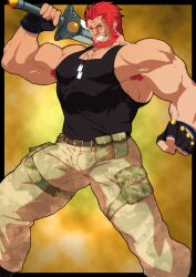 Rule 34 | 1boy, abs, armpit hair, bara, beard, biceps, black gloves, black tank top, blush, bulge, camouflage, camouflage pants, cum, dark-skinned male, dark skin, dog tags, facial hair, fate/extella, fate/extella link, fate/extra, fate/grand order, fate (series), feet out of frame, fingerless gloves, gloves, gluteal fold, highres, iskandar (fate), kito (clamp5656), large pectorals, legs apart, male focus, mature male, muscular, muscular male, navel, nipple slip, nipples, official alternate costume, over shoulder, paid reward available, pants, pectorals, pubic hair, red eyes, red hair, short hair, sidepec, solo, sword, sword over shoulder, tank top, thick thighs, thighs, weapon, weapon over shoulder