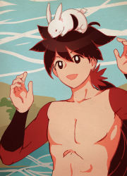 Rule 34 | 1boy, bad id, bad pixiv id, bare pectorals, black hair, collarbone, day, detached sleeves, highres, japanese clothes, k (sktchblg), katanagatari, long hair, long sleeves, looking at another, male focus, no nipples, open mouth, pectorals, ponytail, rabbit, skin tight, sky, smile, solo, topless male, upper body, very long hair, water, yasuri shichika