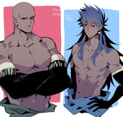 Rule 34 | 2boys, abs, alternate costume, bald, biceps, black sclera, blue hair, closed mouth, colored sclera, cosplay, cropped torso, dark blue hair, ear piercing, earrings, elbow gloves, fate/grand order, fate (series), gloves, highres, jewelry, koshiro itsuki, lip piercing, long hair, male focus, multiple boys, muscular, navel, nipples, nose piercing, piercing, romulus (fate), romulus quirinus (fate), romulus quirinus (fate) (cosplay), simple background, toned, toned male, topless male, upper body, very long hair