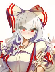 Rule 34 | 1girl, blush, bow, breasts, burnt clothes, burnt hair, commentary, crying, fire, fujiwara no mokou, hair bow, highres, kaliningradg, long hair, medium breasts, multiple hair bows, red eyes, sad, shirt, short sleeves, simple background, solo, streaming tears, suspenders, tears, torn clothes, touhou, upper body, white background, white hair, white shirt