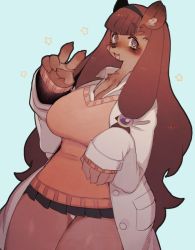 Rule 34 | 1girl, :3, @ @, animal ears, blunt bangs, breasts, brown eyes, brown hair, cleavage, cowboy shot, female focus, furry, furry female, hair ornament, hairband, huge breasts, lab coat, long hair, miniskirt, open mouth, pleated skirt, purple eyes, raccoon, rikose, simple background, skirt, smile, snout, solo, standing, sweater vest, thick thighs, thighs, v
