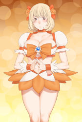Rule 34 | 1girl, aoki yuriko, bad id, bad pixiv id, bakuman, blonde hair, blush, bow, breasts, brooch, brown eyes, cleavage, cosplay, cure sunshine, cure sunshine (cosplay), gradient background, heart, heart brooch, heartcatch precure!, jewelry, large breasts, legs, looking at viewer, magical girl, myoudouin itsuki, orange background, orange bow, orange skirt, orange theme, precure, short hair, skirt, solo, takasugi kou, yellow background