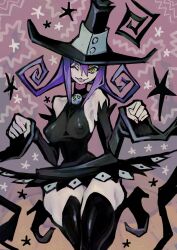 Rule 34 | 1girl, :3, blair (soul eater), blush, breasts, curvy, flipped hair, hair between eyes, hat, large breasts, long hair, merafume, naughty face, nipples, one eye closed, paw pose, purple hair, smile, solo, soul eater, wide hips, wink, witch hat, yellow eyes