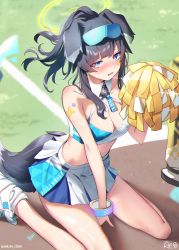 Rule 34 | 1girl, aekun cben, animal ears, bare arms, bare legs, bare shoulders, black hair, blue archive, blush, breasts, cheerleader, cleavage, crop top, dog ears, dog girl, dog tail, eyewear on head, goggles, goggles on head, halo, hand up, hibiki (blue archive), hibiki (cheer squad) (blue archive), highres, long hair, looking at viewer, midriff, millennium cheerleader outfit (blue archive), navel, pleated skirt, pom pom (cheerleading), purple eyes, shoes, sitting, skirt, sneakers, solo, sticker, sticker on face, tail, thighs