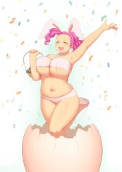 Rule 34 | 1girl, absurdres, animal ears, armpits, basket, blush, bouncing breasts, bra, breasts, rabbit ears, confetti, egg, closed eyes, highres, huge breasts, large breasts, lvl, navel, open mouth, panties, pink hair, pinkie pie, plump, smile, solo, underboob, underwear
