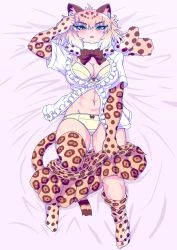 Rule 34 | 1girl, abs, animal ear fluff, animal ears, animal print, arm up, beige bra, beige panties, bow, bow bra, bow panties, bowtie, bra, breasts, brown hair, cleavage, clothes pull, elbow gloves, frills, from above, full body, fur scarf, gloves, gradient hair, hair between eyes, highres, jaguar (kemono friends), jaguar ears, jaguar print, jaguar tail, kemono friends, knee up, light brown hair, looking at viewer, lying, mamiyama, medium hair, multicolored hair, navel, no pants, on back, open mouth, outstretched arm, panties, print gloves, print scarf, print skirt, print thighhighs, scarf, shirt, short sleeves, skirt, skirt pull, solo, stomach, tail, thighhighs, toned, tsurime, underwear, undressing, white hair, white shirt, yellow eyes
