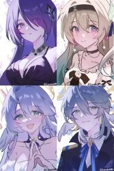 1boy 3girls acheron_(honkai:_star_rail) blue_choker blue_hair bow breasts choker closed_mouth commentary dress earrings firefly_(honkai:_star_rail) green_eyes grey_hair halo head_wings highres honkai:_star_rail honkai_(series) jewelry large_breasts leonie28 long_hair looking_at_viewer medium_hair multiple_girls pink_bow pink_eyes purple_dress purple_eyes purple_hair robin_(honkai:_star_rail) smile sunday_(honkai:_star_rail) upper_body white_hair wings