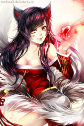 Rule 34 | 1girl, ahri (league of legends), animal ears, artist name, bare shoulders, black hair, breasts, cleavage, detached sleeves, facial mark, fox ears, fox tail, heart, league of legends, lips, long hair, multiple tails, signature, snellsnail, solo, tail, whisker markings, yellow eyes