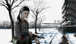 Rule 34 | 1girl, apartment, assault rifle, bandana, cigarette, gun, highres, holding, holding gun, holding weapon, jewelry, jittsu, looking at viewer, military, military vehicle, motor vehicle, necklace, original, rifle, shirt, snow, solo, striped clothes, striped shirt, sweater, tank, telnyashka, tree, weapon, white hair