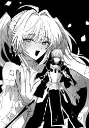 1boy 1girl :d ahoge armor arthur_pendragon_(fate) black_background blush breastplate capelet closed_mouth commentary dot_nose excalibur_(fate/prototype) expressionless falling_petals fate/grand_order fate_(series) fingernails floating_hair gauntlets greyscale hair_intakes half-closed_eyes hand_up highres holding holding_sword holding_weapon lady_avalon_(fate) lady_avalon_(second_ascension)_(fate) long_hair looking_at_viewer merlin_(fate/prototype) meyumeyuk monochrome open_mouth pelvic_curtain petals short_hair simple_background sketch smile sword symbol-only_commentary three_quarter_view twintails very_short_hair weapon