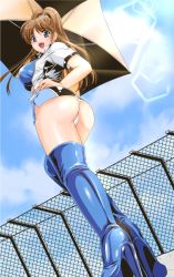 Rule 34 | 1girl, ass, bad id, bad pixiv id, blue eyes, boots, brown hair, chain-link fence, cloud, day, fence, high heel boots, high heels, highres, kusunoki rin, panties, ponytail, race queen, sky, thigh boots, thighhighs, umbrella, underwear