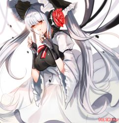 Rule 34 | 1girl, breasts, crying, cyborg, dolechan, dungeon and fighter, fingerless gloves, gloves, hands up, headdress, highres, large breasts, long hair, long sleeves, ribbon, silver luster tagore, solo, tears, twintails, upper body, white background, white hair, yellow eyes