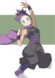 Rule 34 | 1girl, 34 (sanjushi), breasts, closed mouth, creatures (company), game freak, highres, janine (pokemon), japanese clothes, looking at viewer, ninja, nintendo, pokemon, pokemon hgss, purple eyes, purple hair, scarf, short hair, smile, solo
