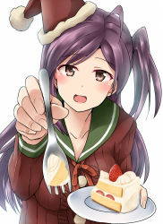 Rule 34 | 10s, 1girl, ahoge, breasts, cake, christmas, feeding, food, fork, fruit, hagikaze (kancolle), hat, highres, holding, holding fork, holding plate, incoming food, kamelie, kantai collection, large breasts, long hair, looking at viewer, neck ribbon, plate, pov feeding, purple hair, red ribbon, ribbed sweater, ribbon, santa hat, side ponytail, simple background, solo, strawberry, sweater, white background