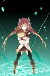 Rule 34 | 00s, 1girl, aqua background, boots, brown hair, flower, gloves, green eyes, knee boots, long hair, magic circle, marta lualdi, smile, solo, tales of (series), tales of symphonia, tales of symphonia: dawn of the new world, thighhighs