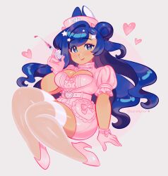 Rule 34 | 1girl, artist name, blue eyes, blue hair, blush, breasts, cleavage, cleavage cutout, closed mouth, clothing cutout, constellor, full body, hat, heart, high heels, highres, holding, holding syringe, large breasts, long hair, looking at viewer, nurse, nurse cap, original, pink footwear, short sleeves, simple background, smile, solo, syringe, thighhighs, twitter username, white background