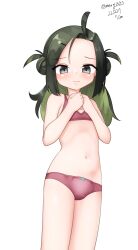 Rule 34 | 1girl, absurdres, ahoge, black hair, bra, cowboy shot, dated, double bun, flat chest, forehead, green hair, grey eyes, hair bun, highres, kantai collection, long hair, makinami (kancolle), maru (marg0613), multicolored hair, one-hour drawing challenge, panties, red bra, red panties, simple background, solo, standing, twitter username, underwear, underwear only, white background