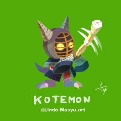 Rule 34 | absurdres, armor, claws, digimon, digimon (creature), highres, kotemon, solo, sword, weapon, wooden sword, yellow eyes