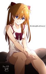 Rule 34 | 1girl, ass, bare legs, bare shoulders, blue eyes, brown hair, chemise, evangelion: 2.0 you can (not) advance, hair ornament, hairpods, highres, long hair, looking at viewer, neon genesis evangelion, nightgown, nii manabu, rebuild of evangelion, simple background, sitting, smile, solo, souryuu asuka langley, white background, white chemise