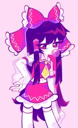 Rule 34 | 1girl, chewing gum, collared shirt, commentary request, detached sleeves, hair ribbon, hair tubes, hakurei reimu, hand on own hip, highres, korean commentary, limited palette, long hair, midriff, necktie, pink background, ribbon, see-through, see-through sleeves, shirt, simple background, socks, touhou, user reimuis