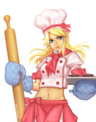 Rule 34 | 1girl, blonde hair, blue eyes, chef, chef hat, chef, gloves, hat, league of legends, long hair, lux (league of legends), midriff, oven mitts, rolling pin, solo, vmat